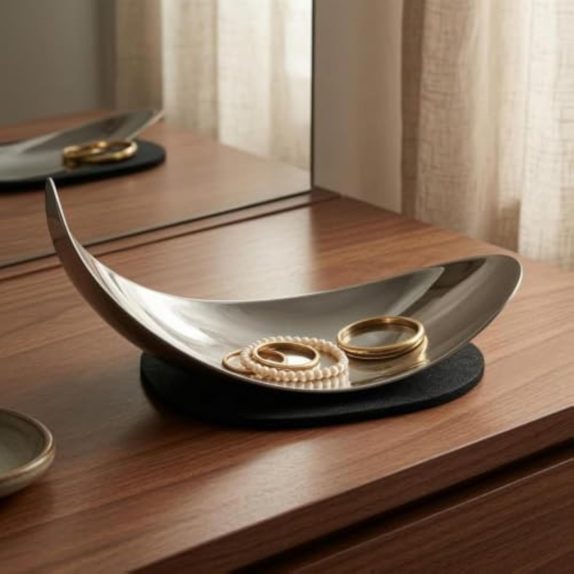 Silver Mirror-Finish Decorative Tray, Curved Crescent Design
