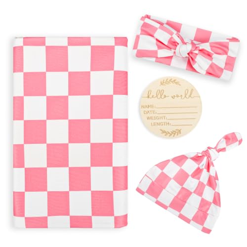 Image of TANOFAR 4-Pack Newborn Swaddle Blanket for Baby Girls & Boys, Ultra Soft Receiving Blankets with Matching Headband and Beanie Set Baby Nursery Swaddle Wrap, Pink Checkerboard