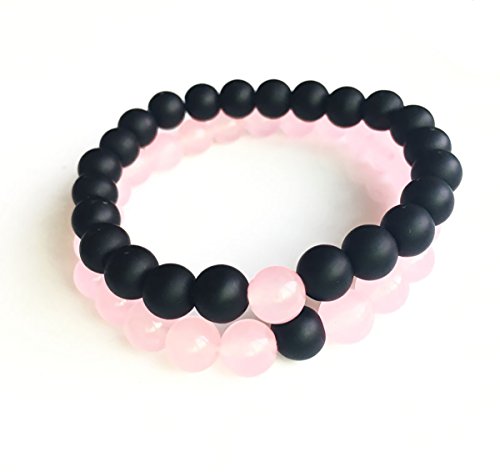 Set Of 2 Womens Mens 8Mm Handmade Couples Distance Beads Bracelets Friendship Couple Jewelry Round Energy Stone Beads Gemstone Beaded For Valentine Birthday (Pink Chalcedony & Black Matte Agate) #TOP4