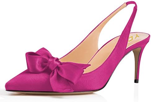 YDN Women Pointed Toe Slingback Slip on Pumps Bow Stiletto Mid Heels Sandals Dress Evening Prom Shoes Size 9 Fuchsia-Satin