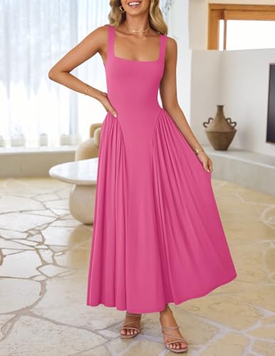 Image of ZESICA Womens 2026 Summer Sleeveless Square Neck Sundress Casual Long Flowy A Line Beach Vacation Maxi Dresses