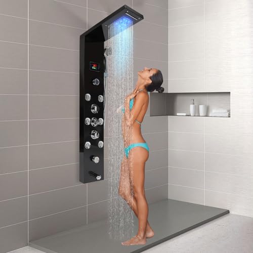 Panneau de douche avec thermostat, panneaux de douche LED, montage mural noir, colonne de douche en acier inoxydable, kit complet, avec cascade, douche à effet pluie, buses de massage, douchette à