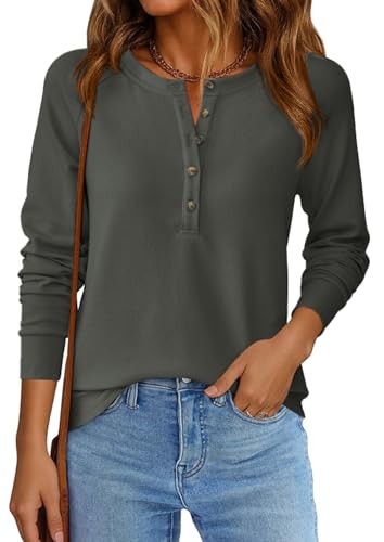 Image of PRETTYGARDEN Women's Long Sleeve Waffle Knit Henley Shirts