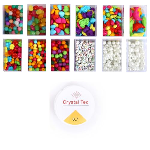 Image of ambitieux Bracelet Making Craft Kit 12 Types of Colorful 400+ pcs of Plastic Beads with Elastic - (Light All Color Beads)