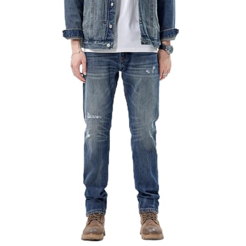Jeans Pants Trousers Denim Spring and Autumn Vintage Wear Tear Men's Slim Fit Small Feet Classic Elastic Casual Trend
