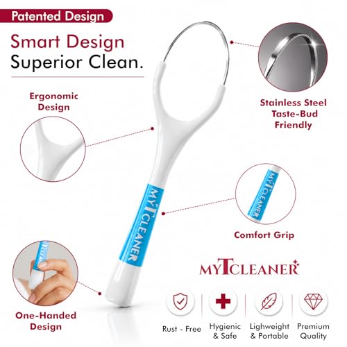 Image of MyTCleaner | Tongue Cleaner for Adults | Stainless Steel Tongue Scraper | Helps Freshen Breath & Supports Oral Hygiene | Rust-Free | Dentist-Designed | Pack of 2 (Blue & Peach)