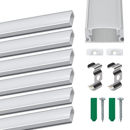 SUNNYNEST 6 Pack U Shape Led Aluminum Profile for LED Strips, 1Meter/3.3ft Aluminum Channel with Milky White Cover, Led Track Diffusers with LEDs Diffuser Cover, End Caps & Mounting Clips