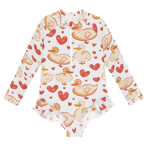 Duck and Red Heart Girls Long Sleeve Swimsuit Rash Guard One Piece Bathing Suits Zipper 3-12T