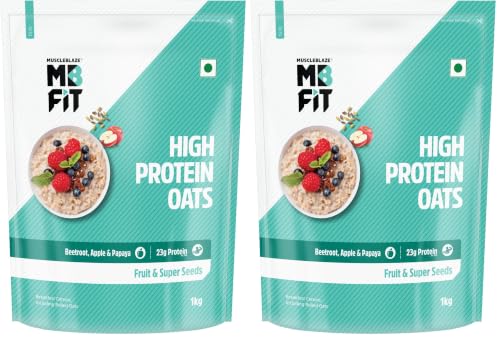Image of MuscleBlaze Fit High Protein Oats (Fruit & Super Seeds, 1kg) | 23g Protein | Breakfast Cereals for Weight Management (Pack of 2)