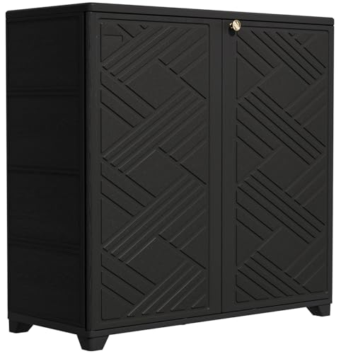 Image of KINYING Outdoor Storage Cabinet Waterproof, 60 Gallon Resin Outdoor Storage Shed for Patio /Garden /Backyard, Outdoor Storage Box for Cushions,Garden Tools and Pool Supplies(Black with 1 Shelving)