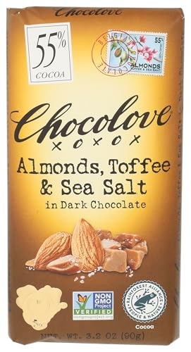 Chocolove Almonds, Toffee & Sea Salt Dark Chocolate Bar, 3.2 OZ