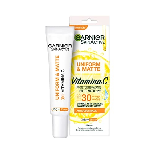 Garnier Uniform & Matte Protetor Hidratante Facial com Vitamina C e Ação Antioxidante, Controla a Oleosidade e Reduz Marcas, Efeito Matte 12h, FPS 30, 15ml