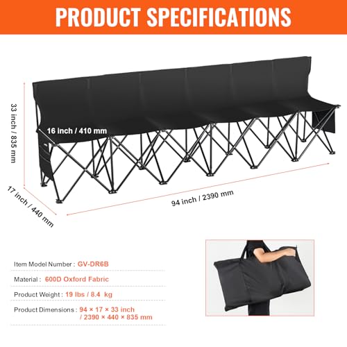 VEVOR Portable Folding B ench, 6 Seats Foldable Sideline B ench, Outdoor Camping Bench Chair with Carry Bag & Backrest, Team Sport Sideline B ench, No Assembly Instant Seating, Black by VEVOR - Image 8
