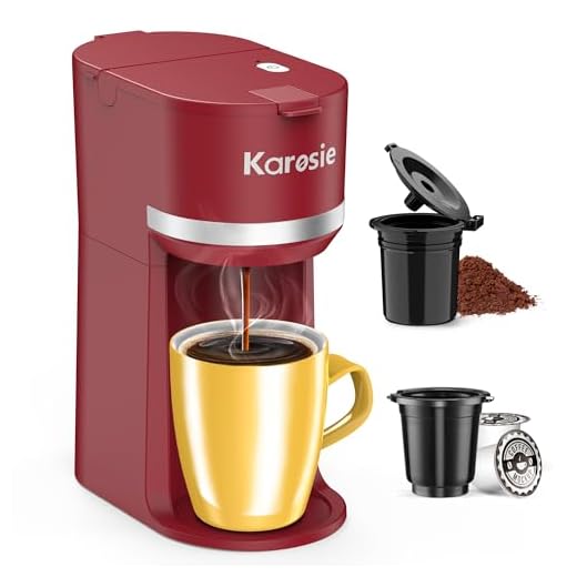 Karosie Single Serve Coffee Maker for K-Cup and Ground Coffee, Fast Brew, 6-12 oz Brew Sizes One Cup Coffee Machine Fits 5.5" Mugs, One-Button Small Coffee Maker with Descaling Reminder, Red