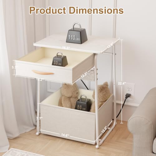 Image of End Table with charging station White Side Table with Storage Rectangular