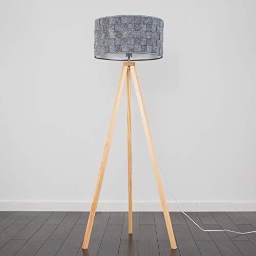 Modern Light Wood Tripod Design Floor Lamp with a Grey Felt Weave Design Cylinder Light Shade