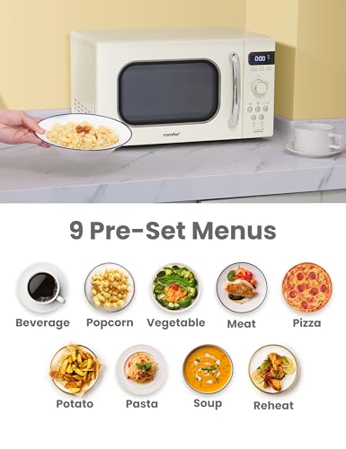 COMFEE' Retro Small Microwave Oven With Compact Size, 9 Preset Menus, Position-Memory Turntable, Mute Function, Countertop Perfect For Spaces, 0.7 Cu Ft/700W, Cream, AM720C2RA-A