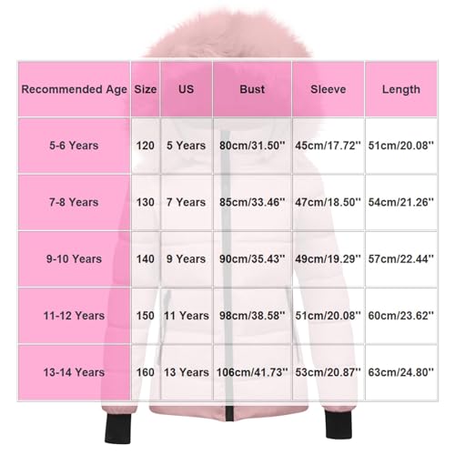 KODMNSW Winterjacke Mädchen Steppjacke Warme Daunenjacken mit Fellkapuze (Abnehmbar) Winterparka Flauschig Puffer Jacke Leichte Kinderjacke Outdoor Mantel Wintermantel Kinder Parka Rosa 140