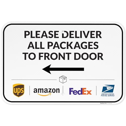 Image of Package Delivery Sign, Delivery Instructions Deliver All Package to Front Door Left Arrow Sign, 12x18 Inches, 3M EGP Reflective .063 Aluminum, Fade Resistant, Made in USA by Sigo Signs
