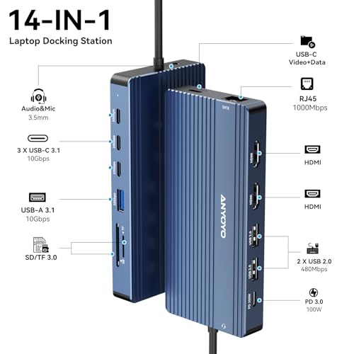 Image of ANYOYO USB C Docking Station, 14 in 1 USB Hub for 3 Monitors, Dual 4K@60Hz HDMI & USB-C Video, 4xUSB-C(10Gbps),3X USB-A, Ethernet, SD /TF& 3.5mm Audio - Multiport Adapter for Lenovo /Dell /HP (Gray)