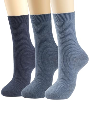 COTTON DAY Women's Combed Cotton Colored Fine Ribbed Trouser Dress Socks Beige Denim Blue Purple 3 Pack