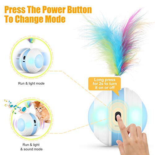 Interactive Cat Toys Ball with Colorful Light & Bird Sound - USB Charging Automatic Irregular 360 Degree Self Rotating Ball - 5 Replacement Feathers Robotic Cat Toy for Indoor Cats Kitten (Blue) - Thumbnail 2