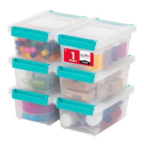 IRIS USA 1 Qt. Craft Storage Bins with Lids 6-Pack |Made in USA| Clip Box Small Plastic Sensory Bin Tote Organizer Containers for Art Supplies Paper & Office Stackable - Clear/Seafoam Blue
