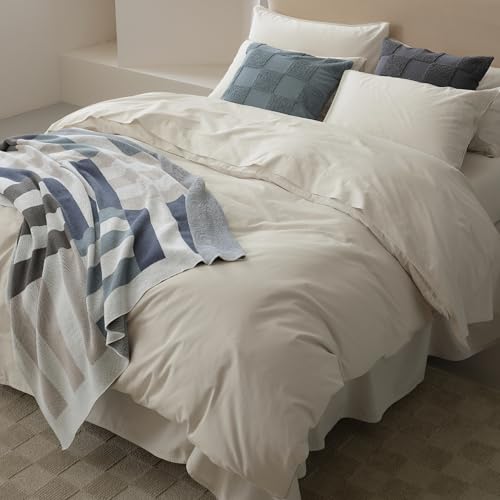 Double Stitch 100% Organic Cotton Duvet Cover - Soft 3 Piece Bedding Set Queen Size, 300 TC Luxury Hotel Sateen Weave, GOTS Certified Long Staple Cotton, Made in India, Coconut Milk