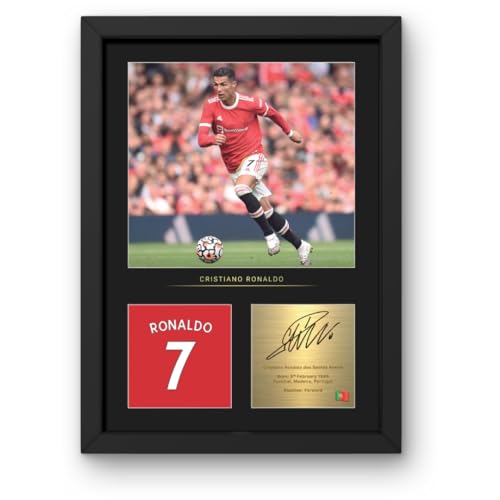 Win FC Photo encadrée signée Cristiano Ronaldo A4 – Signature numérique reproduite – Cadeau pour les fans de United