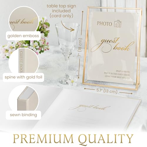 Image of Premium Wedding Guest Book with 200 Stickers - Elegant Linen Guest Sign in Book for Wedding Reception, Polaroid Photo Corners & Table Sign, Keepsake Memory Book