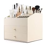 Homeanda Makeup Organizer Faux Leather Cosmetic Organiser with 2 Drawers - Desktop Vanity Organizer for Cosmetics, Lipstick, Skincare & Jewelry(Beige)
