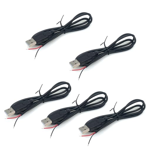 Jienk 5Pcs 3.2Ft 22AWG USB 2.0 Male 2Pin Pigtail Cable 3A 5V USB Type A 2 Core Bare Wire Open End Extension for DIY Repair
