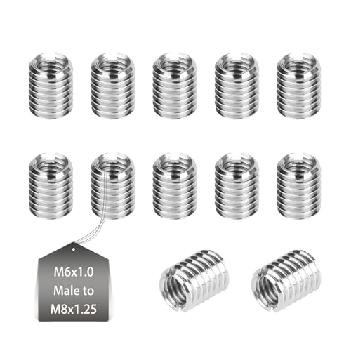 EXLECO 12 Pcs Insert Fileté Metal M8 à M6 10mm Insert Fileté Bois Réparation Insérer Écrou Inox Réducteur de Filetage Insert Conversion Outil Insert Écrou Intérieur M6 X 1,0mm & Extérieur M8 X 1,25mm