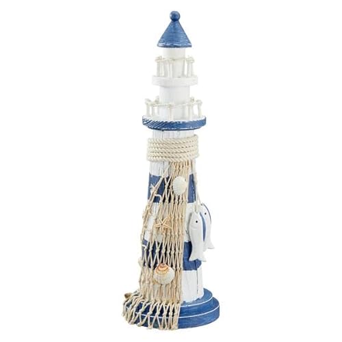 MACOSA HOME CP90541 Phare décoratif en bois à poser - Bleu et blanc - Décoration de salle de bain avec coquillages - Filet de pêche - Décoration de salle de bain, Blanc/Bleu, 10,5 x 10,5 x 32 cm Cover