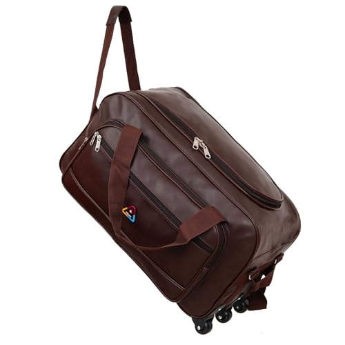 Image of Large Strolly Travel Duffle Bag with Wheels PU Leather Brown