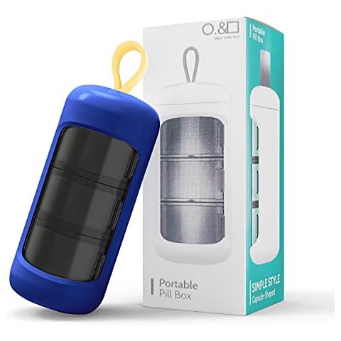 Rayuda Portable Mini Pill Box Organiser with Sliding Lids and Privacy Light-Proof Design. Pill Organiser Compatible with Medications, Supplements, Vitamins and so on - Blue Cover