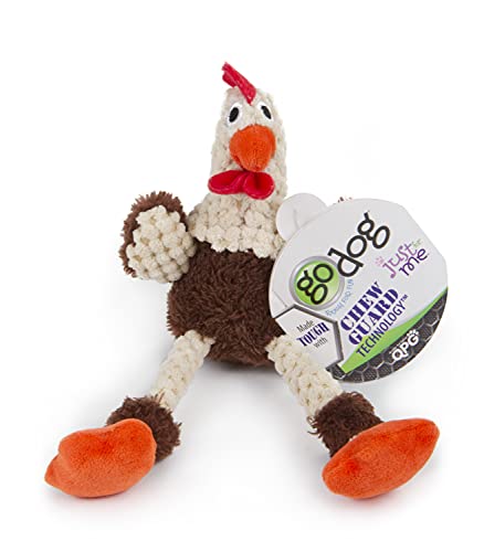Image of goDog Checkers Just for Me Skinny Rooster Squeaky Plush Dog Toy, Chew Guard Technology - Brown, Mini