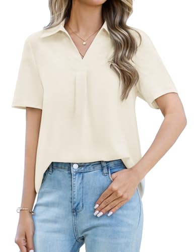 UMIPUBO Womens Blouse Summer Short Sleeve V Neck Basic Tops Cap Sleeve Ladies Tees Shirts Solid Color Blouses Casual (Beige, L)