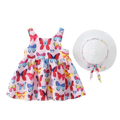 Toddler Girl Summer Dress, Casual Beach Sleeveless Backless Dress Flower Bow Sundress with Hat Set 2 Pieces