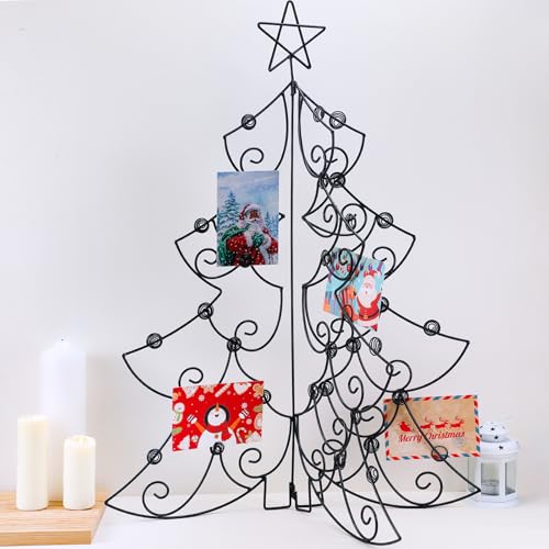 Suzile Tarjetero Grande de Tres Pliegues para árbol de Navidad y exhibición de Tarjetas de Navidad de 31.57 Pulgadas, Soporte de Metal para Tarjetas de Regalo, Soporte para Tarjetas de Navidad para