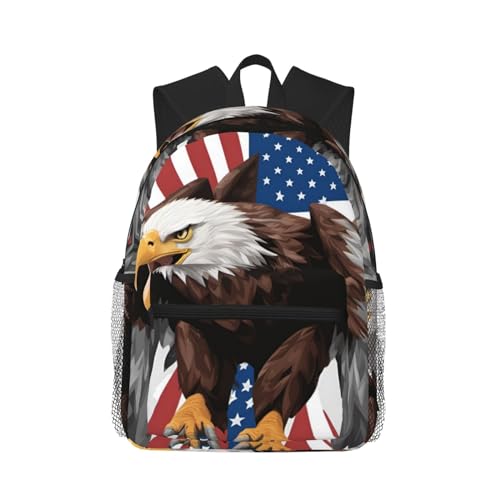 Sac à dos noir imprimé drapeau des États-Unis et aigle pour voyage et loisirs polyvalent
