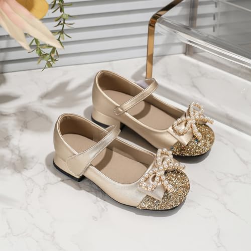 IWIHMIV Girls Dress Mary Jane Shoes Flower Girls Wedding Party Low Chunky Heels Leather Shoes with Bow for Toddler2