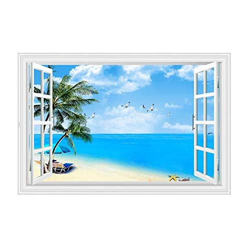 Mendom Fake Windows Wall Sticker, Removable 3D Beach Seascape Faux Windows Wall Decals For Bedroom Living Room Decoration,24"X18" #TOP10