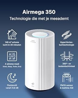 COWAY Purificatore d’aria per grandi ambienti, CADR 713 m³/h, pulisce 148 m² in 30 min, filtro HEPA per fumo, allergie, peli animali, odori, sensore PM10, modalità risparmio energetico, AIRMEGA 350