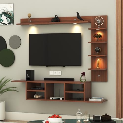 Image of Anikaa LED Light TV Unit Wall Mounted TV Unit Wall TV Cabinet Diplasy Shelf for Living Room, Set Top Box Stand - Walnut (D.I.Y - Do-It-Yourself) Ideal for up to 50 inch inches