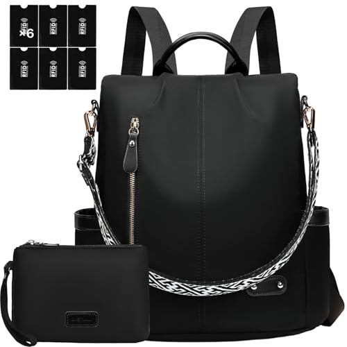 ONETOALL Bolso Mochila Mujer Casual, Mochila Antirrobo Mujer Impermeable, Mochilas Mujer Pequeña Nylon Negra con Bolsillos RFID, Convertible en Bolso de Hombro y Mano para Viajes Uso Diario