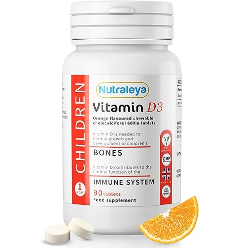 Nutraleya Vitamin D3 for Children Ages 3 to 12 Years (90 Chewable Tablets) - 600 IU Vitamin D for Bone, Muscles, & Immune Support - Orange Flavoured & Sugar Free Chewable Vitamin D for Kids
