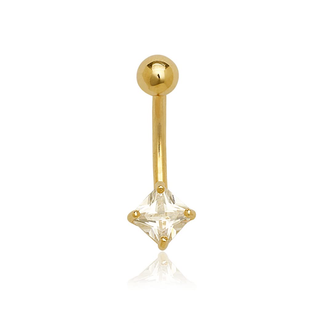 Bauchnabelpiercing aus massivem 14 Karat Gold, quadratischer Zirkonia, gebogener Barbell, Bauchnabelring, baumelndes Piercing (6 mm x 18 mm) – Körper-Piercing-Ring für Frauen in, Einheitsgröße