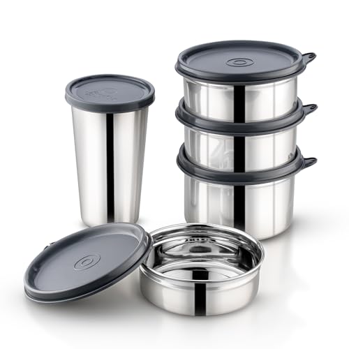 Image of Pigeon Vibe Stainless Steel Lunch Carrier Set of 4 Containers (250ml, 350ml x2 & 500ml) with Leak Proof Lid | Insulated Lunch Bag + Glass with Lid Included | Large Office Tiffin Box