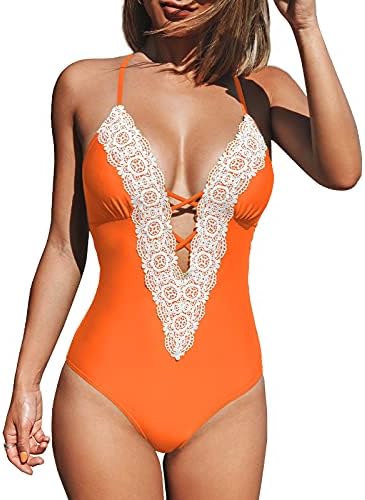 CUPSHE Women's Ladies Vintage Lace Bikini Set Beach Swimwear Bathing Suit One Piece Swimsuit, L Orange